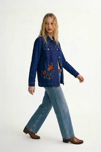 Bluewhite Women's Dark Blue Floral Patterned Buttoned Lycra Jean Jacket