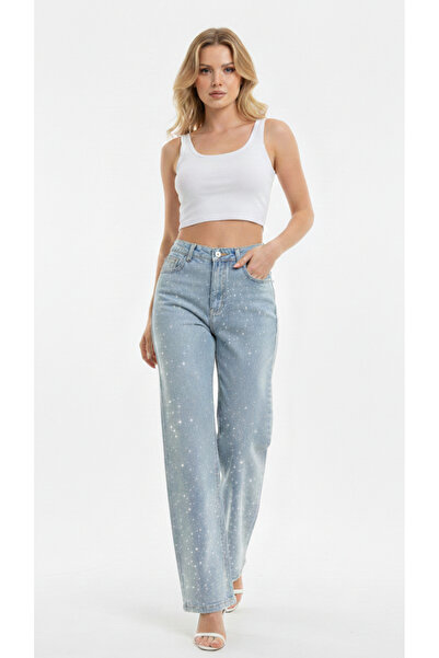 blue da Kadın Taşlı Pantolon Lıkralı Yüksek Bel