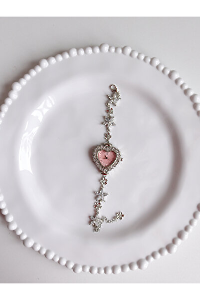 Reorah Collection Mio Saat - Kalpli Çiçekli Beyaz Zirkon Taşlı Saat