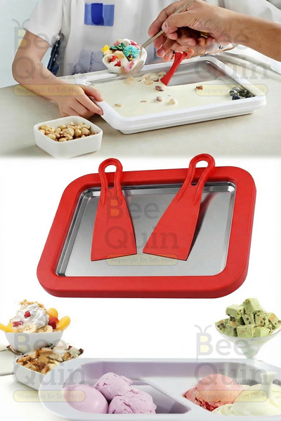 BeeQuin Kırmızı Dondurma Yapma Hazırlama Tepsi Tavası Rulo Spatulalı Tepsisi ...