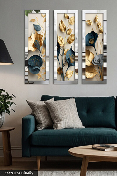 Evinemoda Zarif Altın ve Mavi Çiçekler ile Dallar Gümüş Pleksi Aynalı 3 Parça...