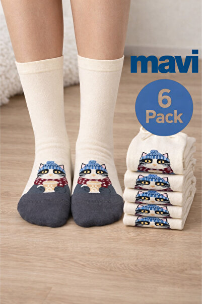 Mavi Kedi Baskılı (6 ADET) Ekru Soket Çorap