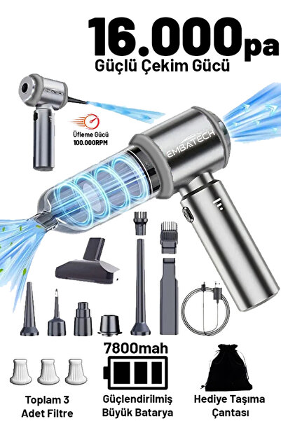Embatech 7800 Mah 16.000 PA Vakumlu ve Üflemeli Ev Araç Süpürgesi Güçlü El Sü...