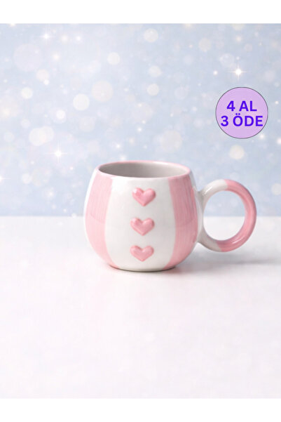 KYA CERA Pembe Şeritli Pembe Kalp Kabartmalı Tekli El Yapımı Kupa