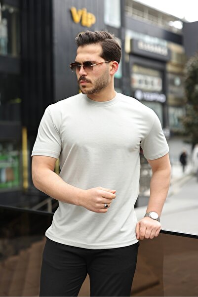 NERA GİYİM Regular Fit Bisiklet Yaka Tişört Yumuşak Nefes Alabilen Kumaş-Gri