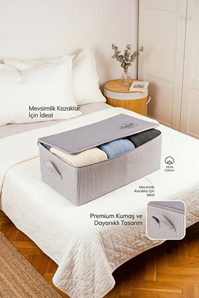 Textile sweet Orta Boy Kazaklık Gri Çizgili Baza Altı Düzenleyici Hurç 52x28x21