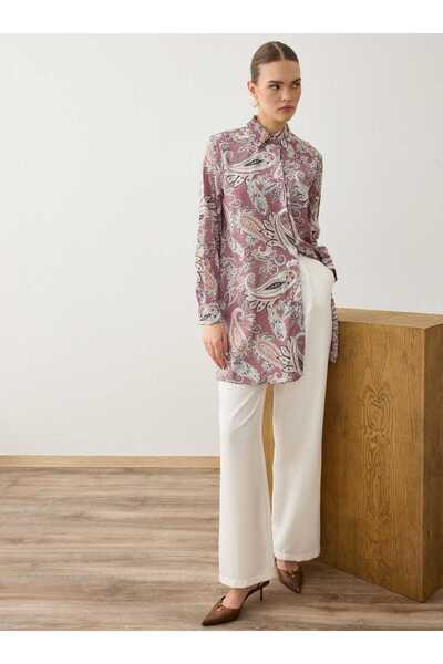 Refka Şal Desenli Geniş Kesim Tunik - Pudra -
