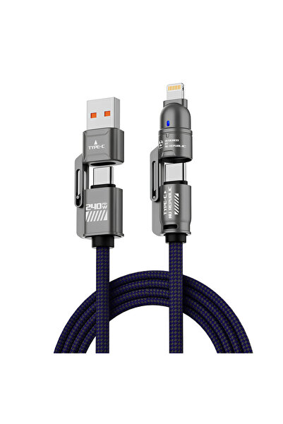 Ultimate UPD4180 240W 4-in-1 Şarj Kablosu – Type-C / Lightning / USB-A Hızlı Şarj Hasır Kablo