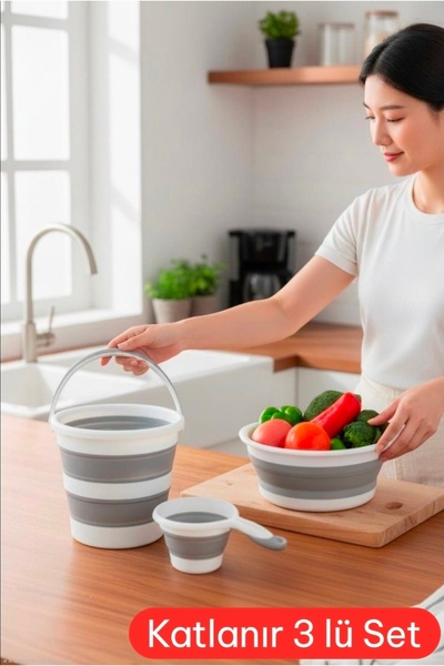 Herza House 3'lü Katlanır Set Kova Badya Maşrapa