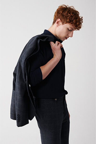 Avva Men's Navy Blue Buttoned Collar Seersucker Cotton Shirt A32Y2071