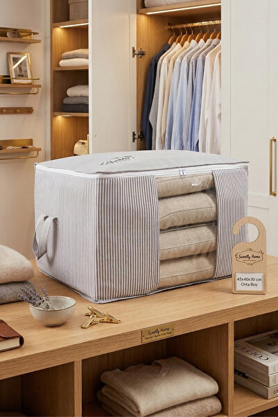 Textile sweet Orta Boy Pencereli Gri Çizgili Kazak Pike Battaniye Hurcu 45x40x30