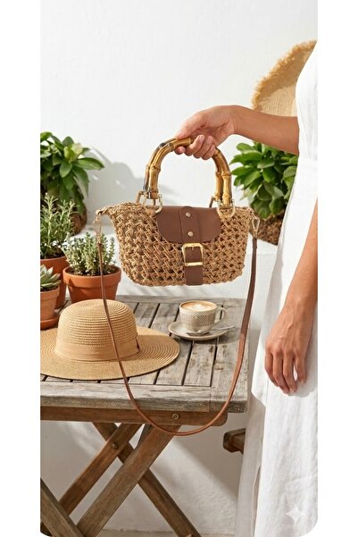 BY MİMİMU Kağıt ip Hasır El Yapımı Bambu Saplı Mini Çanta Uzun Askı dahil 26*...