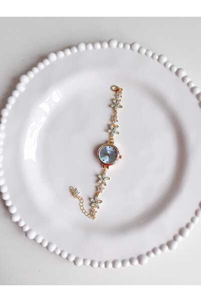 Reorah Collection Blue Flowers Saat-Mavi Çiçekli Zirkon Taşlı Saat