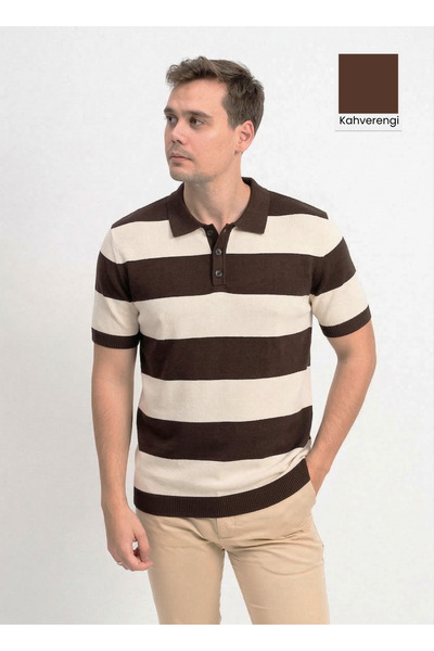 F&K Ανδρικό πλεκτό μπλουζάκι με κοντό μανίκι και λαιμόκοψη πόλο - Καφέ