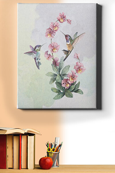 WebStyle Sayılarla Boyama Seti Çerçeveli Kasnaklı Pembe Çiçek Ve 2 Kuş 60x75 Cm