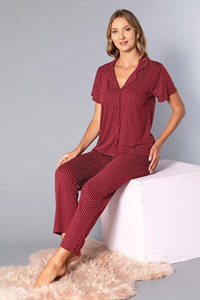 Poppy Boydan Düğmeli Kısa Kollu Gömlek Pijama Takımı - Yazlık Puan Desenli Yu...