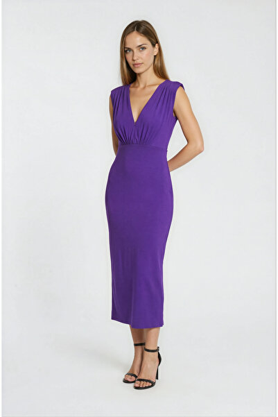 Spazio Ormisde Omuzları Büzgülü V Yaka Abiye Elbise MOR