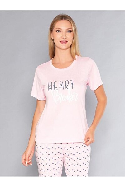 Poppy Short Sleeve Crew Neck Pajama Set - Summer Heart Pattern Soft Milan Fab...