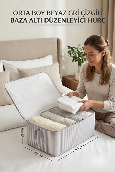 Textile sweet Orta Boy Beyaz Gri Çizgili Baza Altı Düzenleyici Hurç 52x28x21