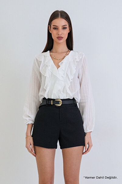 Trend Alaçatı Stili Kadın Siyah Dokuma Mini Şort Alc-X15381