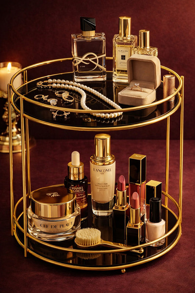 AKAMİNO Gold Metal Banyo Kozmetik Takı Düzenleyici 2 Katlı Çok Amaçlı Organiz...