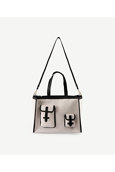 Yargıcı Cep Detaylı Deri Garnili Canvas Omuz Çantası