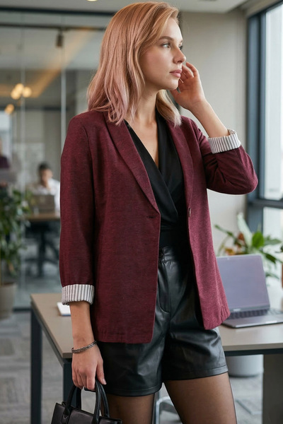 armonika Kadın Bordo Kol İçi Çizgili Tek Düğmeli Ceket ARM-22K001122