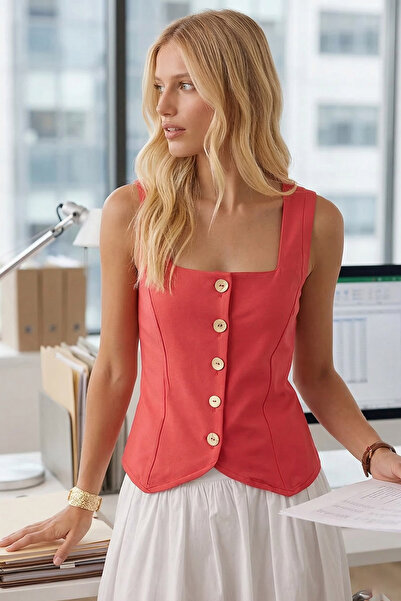 armonika Women's Dusty Rose Square Neck Lace-Up Detail Linen Look Vest Arm-25...