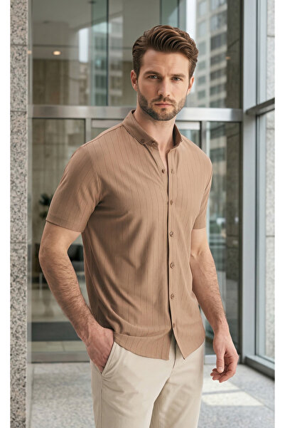 SILVANO Men's Mink Vertical Striped Jacquard Slim Fit Short Sleeve Shirt