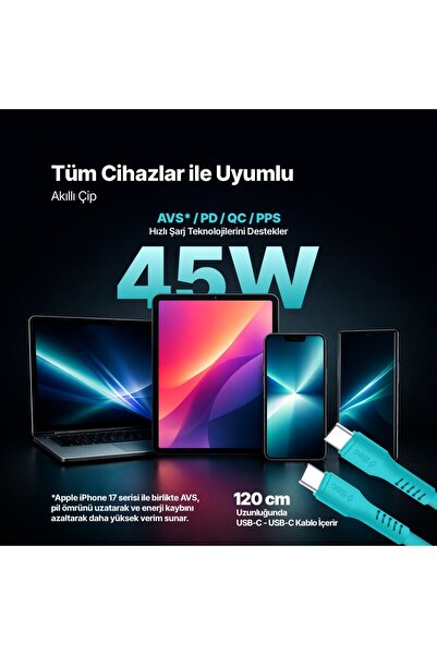 Ttec SmartCharger GAN 45W AVS PD Seyahat Hızlı Şarj Aleti + USB-C - USB-C 3A Kablo Neon