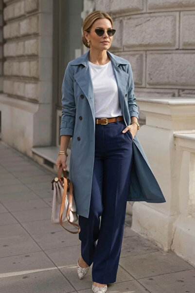 Spazio İmperatrice Kruvaze Yaka Kuşaklı Trençkot İNDİGO