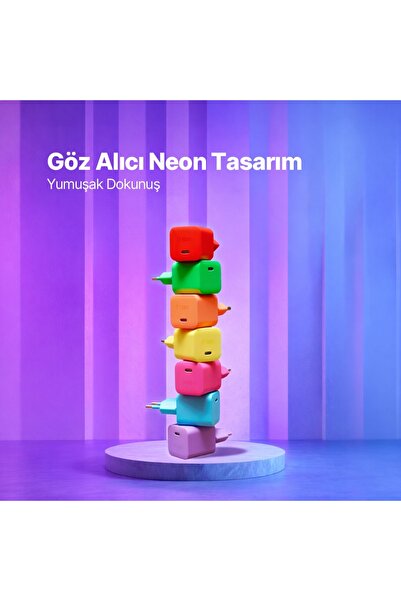 Ttec SmartCharger GAN 45W AVS PD Seyahat Hızlı Şarj Aleti + USB-C - USB-C 3A 120 cm Kablo Neon