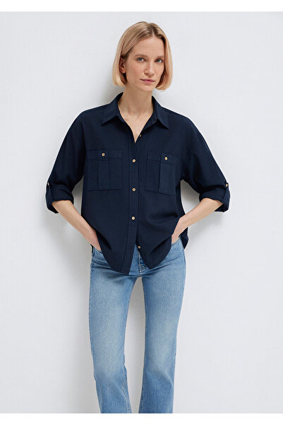 Mavi Düğme Detaylı Lacivert Gömlek Loose Fit / Bol Rahat Kesim 1211383-70492