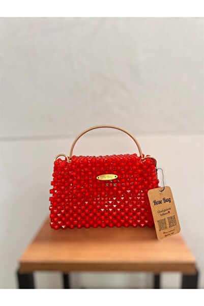 Rose Yılbaşı kombini Kırmızı boncuk çanta en 24 cm boy 14 cm