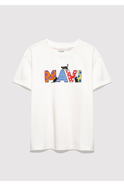 Mavi Logolu Kırık Beyaz Kız Çocuk T-Shirt M7610426-70057