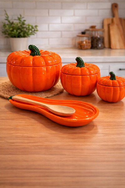 MİS KİTCHEN Decorative Pumpkin Model Spice Rack Set 3 Piece Ceramic Jar + Pum...