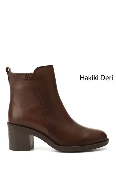 GÖNDERİ(R) Women's Brown Zippered Thick Heeled Genuine Leather Boots