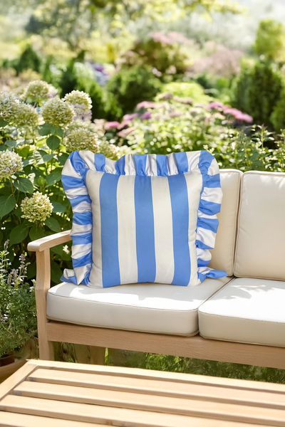 ASDİVA Brezza Blue White Striped Ruffles Decorative Cushion Cases Summer Home...
