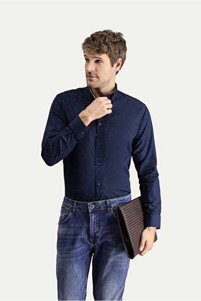 Kiğılı Uzun Kol Slim Fit Dar Kesim Baskılı Pamuk Düğmeli Yaka Gömlek