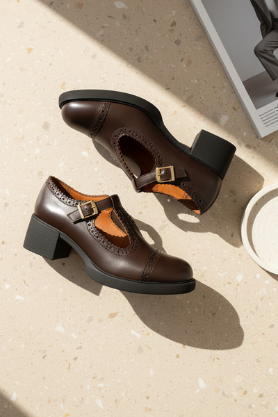 GRADA Brown Genuine Leather T-Strap Women's Heeled Shoes Casual Classic Design Strappy Mary Jane Style
