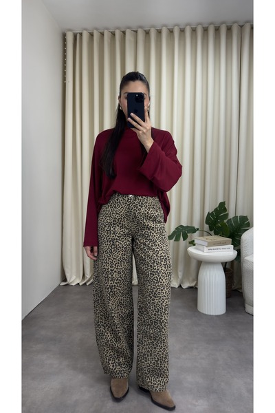 YOUR NAME Leopar Desenli Yüksek Bel Camel Balon Kadın Jean