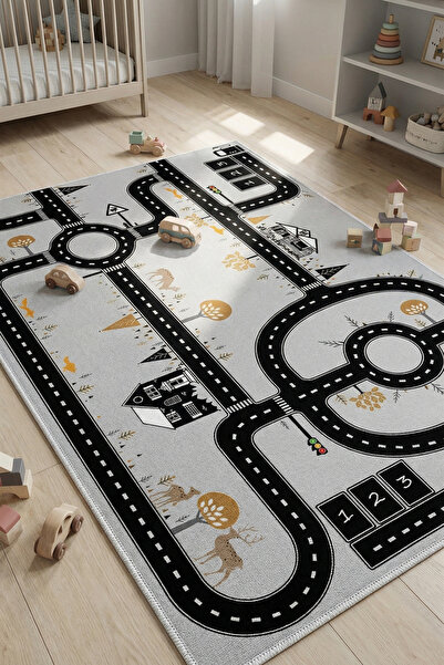 VOPTEKS Gri Çocuk Odası Halısı Leke Tutmaz Makinede Yıkanabilir Kaymaz Taban ...