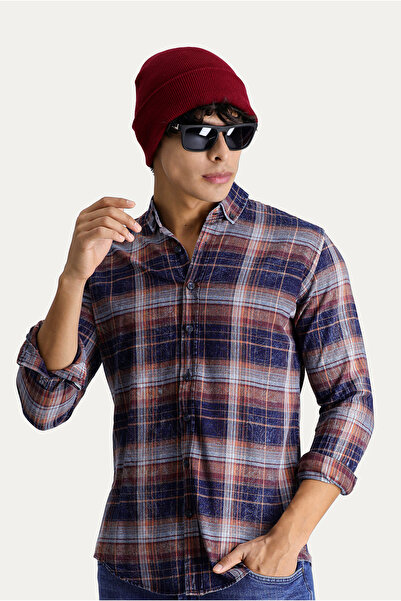 Kiğılı Uzun Kol Slim Fit Dar Kesim Ekose Pamuk Spor Düğmeli Yaka Gömlek