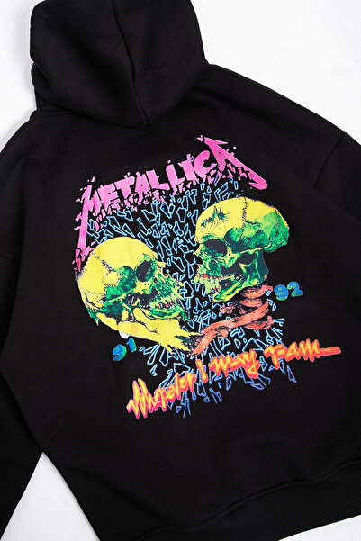 Sekizbiraltı Metallica Skull Printed Oversize Unisex Premium Μαύρο κουκούλα