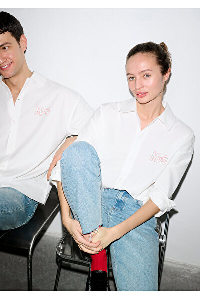 Mavi M Kalp İşlemeli Beyaz Gömlek Oversize / Geniş Kesim 0211917-620