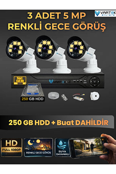 3 Kameralı Set 250 Gb Hdd Full Hd Gece Görüşlü Güvenlik Kamerası Sistemi-Sabit İp Gerektirmez-