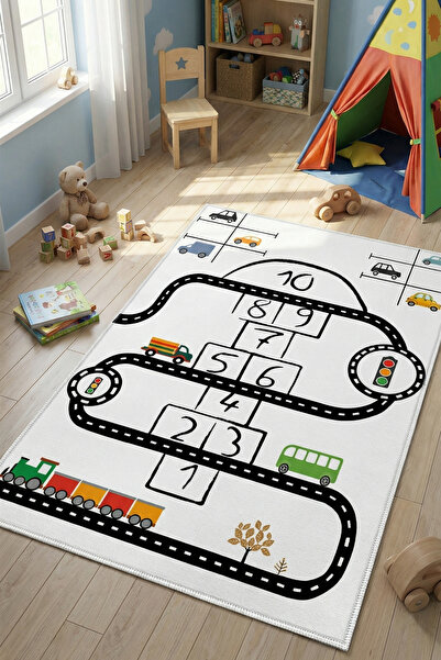 VOPTEKS Beyaz Çocuk Odası Halısı Leke Tutmaz Makinede Yıkanabilir Kaymaz Taba...