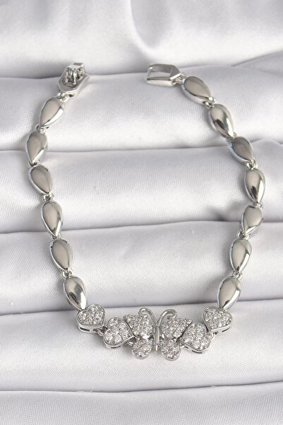 Skygo سوار نسائي من النحاس الفضي اللون بحجر الزركون على شكل فراشة وسلسلة متدل...