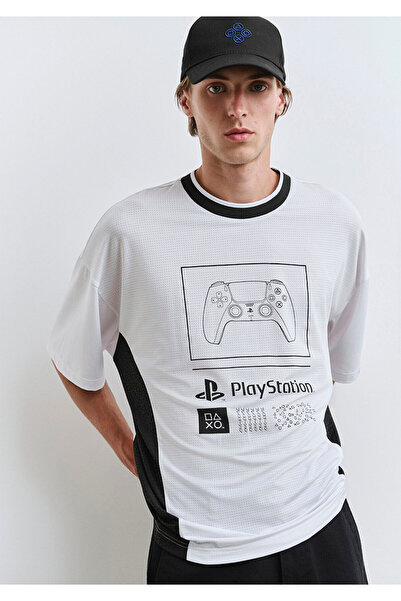 Mavi PlayStation Baskılı Beyaz Forma Tişört​ Oversize / Geniş Kesim 0612938-620