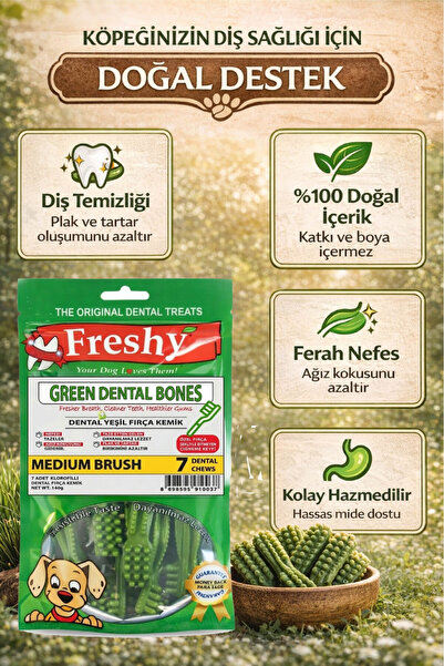 Freshy Green Dental Bones Ağız Kokusu Önleyici Kemik Köpek Ödülü 7 Adet Orta Boy